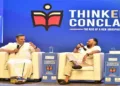 RSS Saha Sarakaryavah Mukunda CR speaking with Consulting Editor of The Sunday standard Ravi Shankar at 13th ThinkEdu Conclave 2025 (Source: Indian Express)