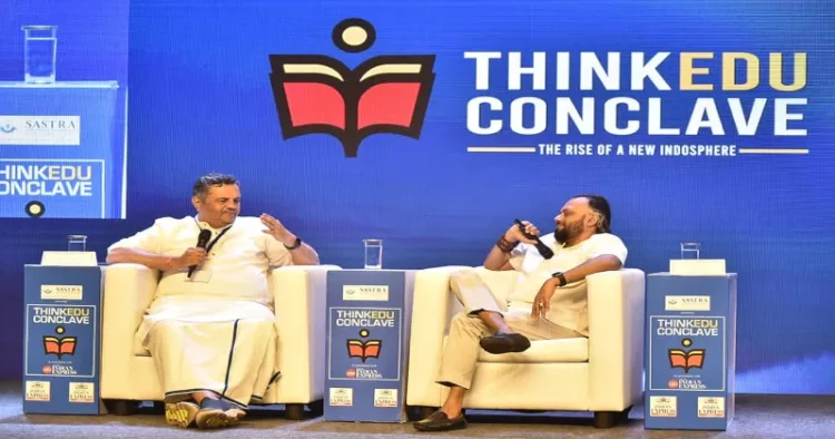 RSS Saha Sarakaryavah Mukunda CR speaking with Consulting Editor of The Sunday standard Ravi Shankar at 13th ThinkEdu Conclave 2025 (Source: Indian Express)