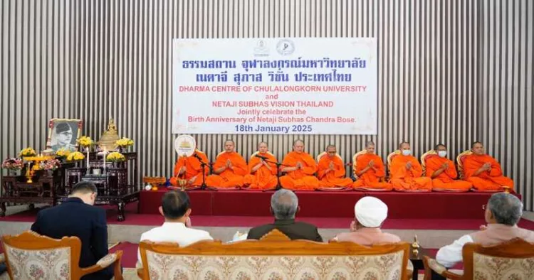 Buddhist monks at the prayer ceremony organised by Dharma Centre of Chulalangkorn University to commemorate birth anniversary of Subhash Chandra Bose