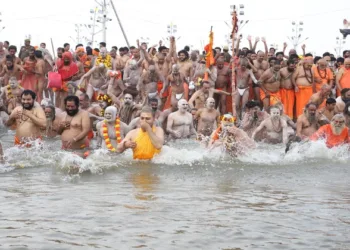 Sants and sahus taking holy dip in Triveni sangam at Mahakumbh 2025
