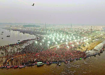 An aerial view of Triveni Sangam as devotees gather to take dip during the ongoing 'MahaKumbh', in Prayagraj