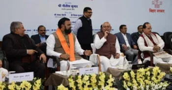 Bihar Chief Minister Nitish Kumar (centre) during a program in Patna, Image courtesy X