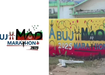 Logo of the Abujhmad Peace Half Marathon-left, wall painting in a village-right: courtesy X