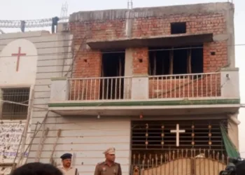 Police Personnel outside the house where prayer meeting was organised on Sunday, image courtesy Lalluram