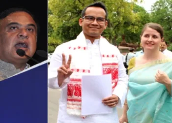 (Left) Assam CM Himanta Biswa Sarma (Right) Congress MP Gaurav Gogoi with his wife Elizabeth Gogoi