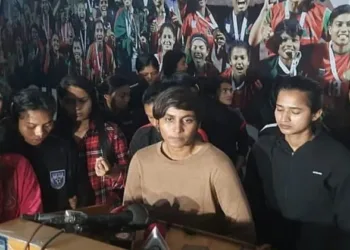 Bangladesh national women's football team skipper Sabina Khatun speaks to media at the BFF