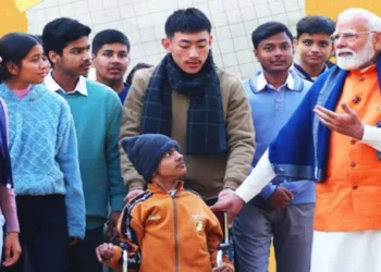 Prime Minister Narendra Modi interacts with students at Sunder Nursery in Delhi