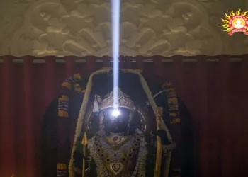 The forehead of Ram Lalla's murti is anointed with a ray of sunlight, known as 'Surya Tilak', on the occasion of Ram Navami, at Ram Janmabhoomi Temple, in Ayodhya on April 17, 2024. The Surya Tilak was done through an elaborate system connected with mirrors and lenses in the temple. (File Image of ANI)