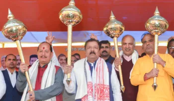 Bihar Bharatiya Janata Party (BJP) President Dilip Jaiswal with Bihar Deputy CM Vijay Kumar Sinha being felicitated during the Chandravanshi Swabhiman Rally, in Patna (ANI Photo)