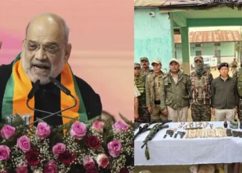 (Left) Union Home Minister Amit Shah (Cache of arms discovered by armed forces in Manipur
