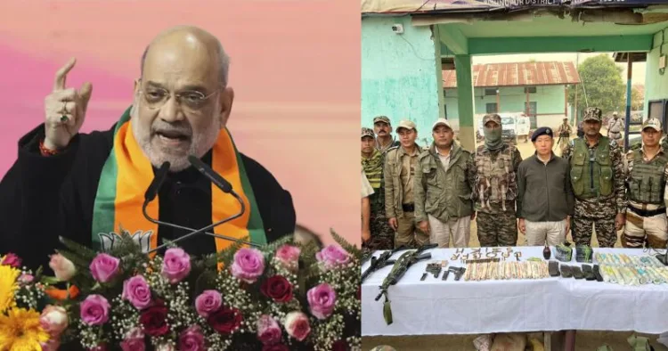 (Left) Union Home Minister Amit Shah (Cache of arms discovered by armed forces in Manipur