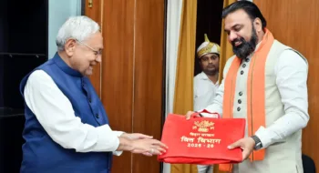 Bihar Chief Minister Nitish Kumar and state Deputy CM and Finance Minister Samrat Chaudhary before presenting the State Budget 2025 during the Budget Session of state Assembly, at BIhar Legislative Assembly in Patna on Monday. (ANI)