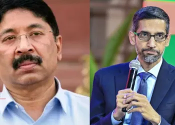 (Left) DMK Leader Dayaniddhi Maran (Right) Google CEO Sundar Pichai