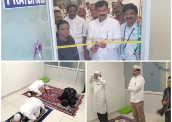 Muslims offering namaz after the inauguration of prayer room