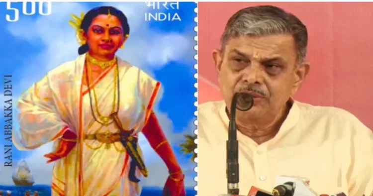 (Left) Maharani Abbakka (Right) RSS Sarkaryavah Dattatreya Hosabole issues statement on 500th Birth Anniversary Maharani Abbakka