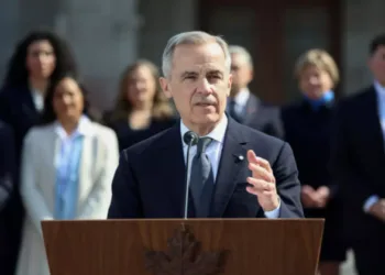 Canada's Prime Minister Mark Carney addressing the media