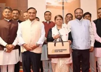 Assam Finance Minister Ajanta Neog with CM Himanta Biswa Sharma and others arrive to present the state budget