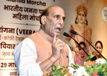 Defence Minister Rajnath Singh addresses the gathering during the launch of e - Coffee table book ‘Veerangana’ - a Tribute to Rani Velu Nachiyar - honouring the women freedom fighters of India - organised by Bharatiya Janata Party Mahila Morcha, at Kedarnath Sahni Auditorium in New Delhi