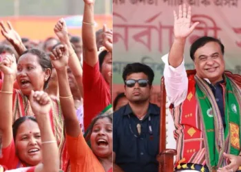 (Left) Elated BJP supporters (Right) Assam CM Himanta Biswa Sarma