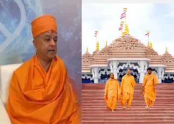 (Left) Spiritual leader Brahmavihari Swami (Right) BAPS temple in UAE
