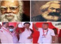 (Top left) DMK's E.V. Ramaswami Naicker (Top Right) Karl Marx (Below -Left to right) Tamil Nadu CM MK Stalin, Kerala Chief Minister Pinarayi Vijayan