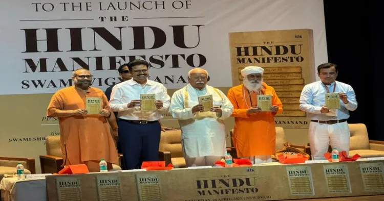 RSS Sarsanghchalak Dr Mohan Bhagwat at the book launch of 'The Hindu Manifesto', a new book by Swami Vigyananand, Joint General Secretary of the Vishva Hindu Parishad (VHP) and initiator of the World Hindu Congress