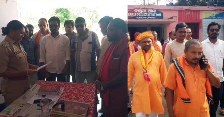 Local people submittinga formalcomplaint to the Baria police station regarding the illegal conversion attempts by Christian missionaries in Jali village, Keonjhar district