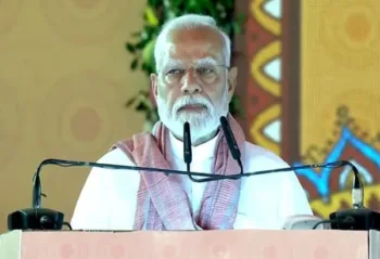 PM Modi during a public rally in Bihar's Madhubani district on Thursday, Image ANI