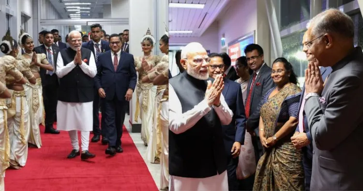 (Left) PM Modi accorded warm welcome in Sri Lanka (Right) PM was warmly received by FM
HMVijithaHerath
, Minister of Health & Mass Media
NalindaJay
, Minister of Labour Dr. Anil Jayantha, Minister of Fisheries Mr. Ramalingam Chandrasekar, Minister of Women & Child Affairs Ms. Saroja Savithri Paulraj & Minister of S&T Dr. Chrishantha Abeysena.
