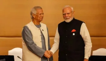 Prime Minister Narendra Modi with Chief Advisor of Bangladesh interim government Md. Yunus, Image courtesy India TV