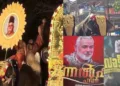 (Right) Portraits of RSS founder Dr. K.B. Hedgewar, displayed atop elephants during the Pooram festival at Puthiyakavu Temple in Kollam (Left) Images of Hamas leaders Yahya Sinwar and Ismail Haniyeh prominently paraded during the Uroos festival in Thrithala, Palakkad