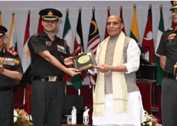 Defence Minister Rajnath Singh and Chief of Defence Staff General Anil Chauhan along with purple officers