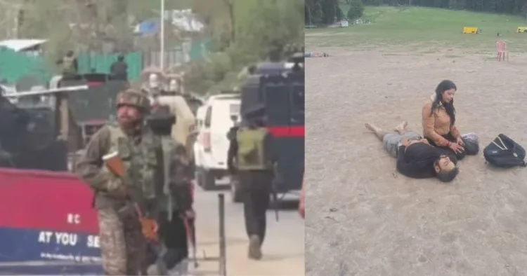 (Left) Security forces at the site of the terror attack (Right) Woman with her husband who was shot by the Islamic terrorists