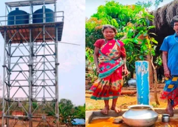 (Left) Solar-powered water tanks (Right) Kosi Bai and Mura Ram