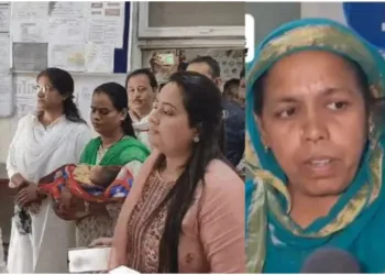 Members of the Child Welfare Committee taking the child (L) and the accused woman Shabana (R)