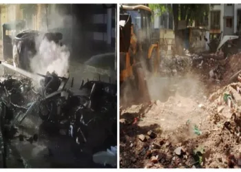 A bulldozer being used to demolish an allegedly illegal dargah, in Nashik district (Right)