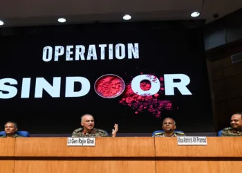(L-R) Air Marshal AK Bharti, DGMO Lieutenant General Rajiv Ghai, Vice Admiral AN Pramod and Major General SS Sharda during the press conference on Operation Sindoor, in New Delhi