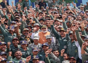 Jalandhar, May 13 (ANI): Prime Minister Narendra Modi and members of the Armed Forces chant 'Vande Mataram' and 'Bharat Mata Ki Jai' during his visit to Adampur Air Base, in Jalandhar on Tuesday. (ANI Photo)