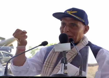 Bhuj, May 16 (ANI): Defence Minister Rajnath Singh addresses the gathering during his visit to Bhuj Air Force Station, in Bhuj on Friday. (ANI Photo)