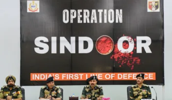 Inspector General of BSF, Jammu frontier, Shashank Anand addresses a press conference, in Jammu on Tuesday. Deputy Inspector General (DIG) of BSF, RS Pura sector, Chiter Pal and others also seen. (ANI Photo)