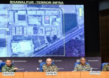 Air Marshal A.K. Bharti, DGMO Lieutenant General Rajiv Ghai, Vice Admiral A.N. Pramod and Major General S.S. Sharda during a press conference on Operation Sindoor, in New Delhi (Left to Right)