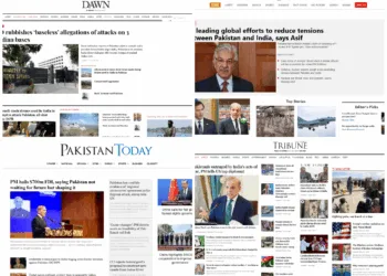 Screenshots of the home pages of all major Pakistani media outlets as of 1:40 AM on Friday, May 9, 2025