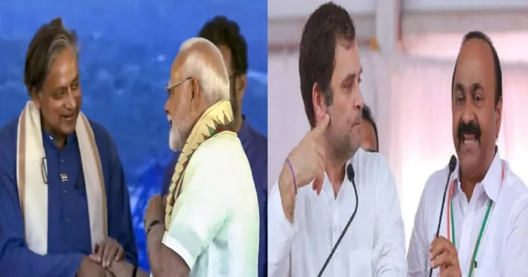 (Left) Congress leader Shashi Tharoor and PM Narendra Modi (Right) Rahul Gandhi and Opposition Leader VD Satheesan