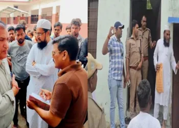 Government officials at the site of closing illegal madrasas