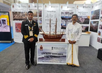 The stitched ship is a recreation of a 5th century CE ship, inspired by a painting from the Ajanta Caves
