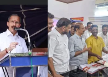 (Left) BJP State General Secretary M.T. Ramesh addresses the protest in Kozhikode district (Right) While BJP South Zone President K. Soman files a complaint with the Chengannur Deputy Superintendent of Police as part of the protest in Alappuzha district