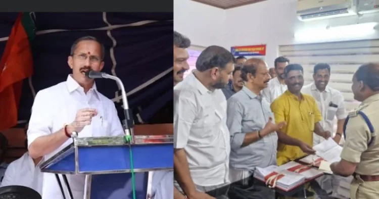 (Left) BJP State General Secretary M.T. Ramesh addresses the protest in Kozhikode district (Right) While BJP South Zone President K. Soman files a complaint with the Chengannur Deputy Superintendent of Police as part of the protest in Alappuzha district