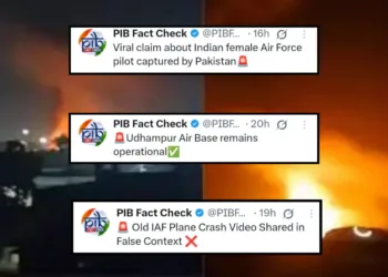 Visuals of explosions in Pakistan in the background have the fact checks by PIB imposed on them
