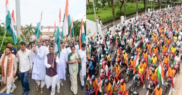 Odisha CM Mohan Charan Majhi and others participating in the state-level Tricolor Bike Rally at Bhubaneswar
