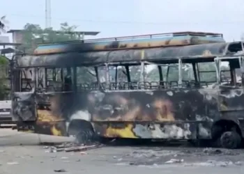 A bus burnt during Manipur violence